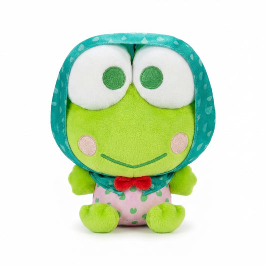 Hello Kitty and Friends plush featuring Keroppi wearing a teal raindrop-patterned hood, a red bow tie, and pink pants with green lily pads.