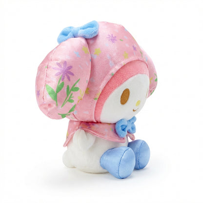 Hello Kitty and Friends plush featuring My Melody wearing a pink floral patterned hood and cape with a blue bow and blue feet.