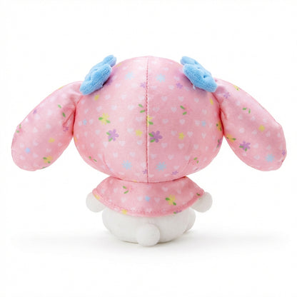 Hello Kitty and Friends plush featuring My Melody wearing a pink floral patterned hood and cape with a blue bow and blue feet.