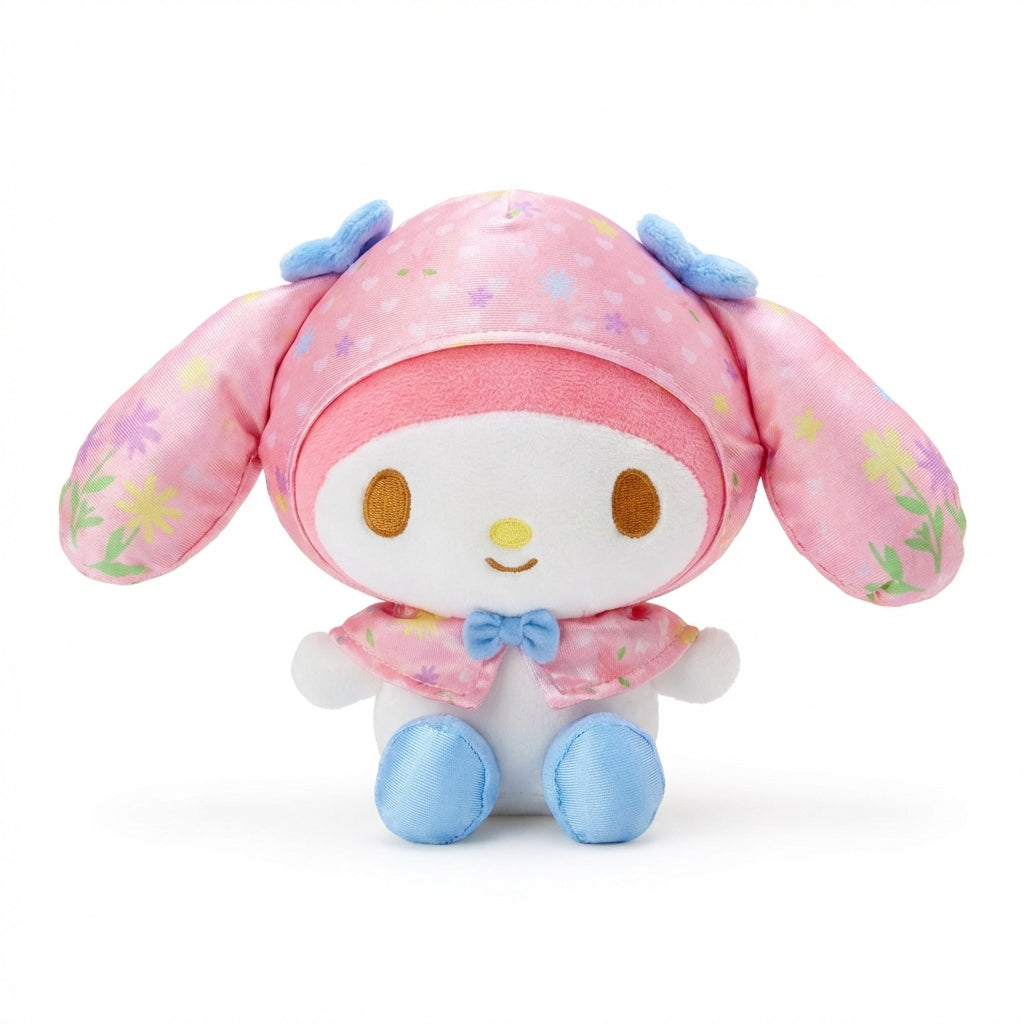 Hello Kitty and Friends plush featuring My Melody wearing a pink floral patterned hood and cape with a blue bow and blue feet.