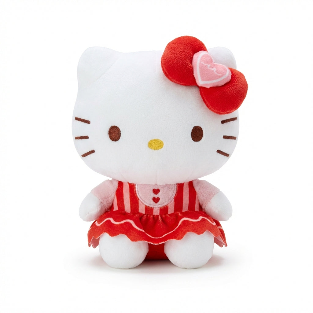 Front view of Valentine’s Hello Kitty 8-inch plush in red-and-pink dress with heart detail bow, Hello Kitty and Friends Series 3