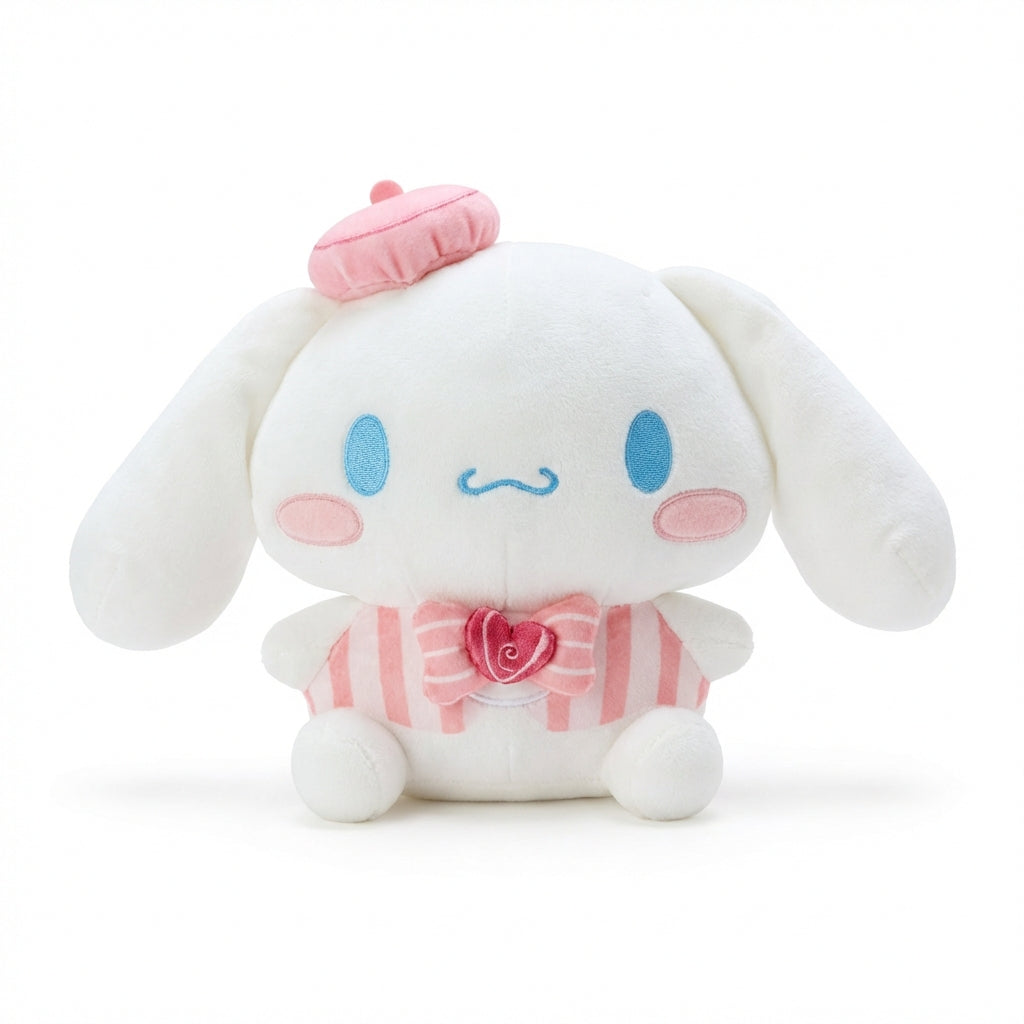 Valentine’s Cinnamoroll 8-inch plush in pink striped outfit with heart bow and candy topper, Hello Kitty and Friends Series 3 by Jazwares