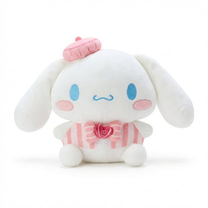 Valentine’s Cinnamoroll 8-inch plush in pink striped outfit with heart bow and candy topper, Hello Kitty and Friends Series 3 by Jazwares