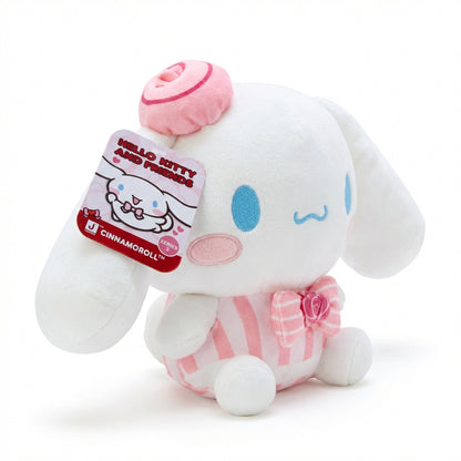 Valentine’s Cinnamoroll 8-inch plush in pink striped outfit with heart bow and candy topper, Hello Kitty and Friends Series 3 by Jazwares