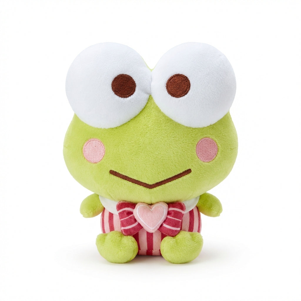 Front view of Valentine’s Keroppi 8-inch plush in pink striped outfit with heart detail, Hello Kitty and Friends Series 3