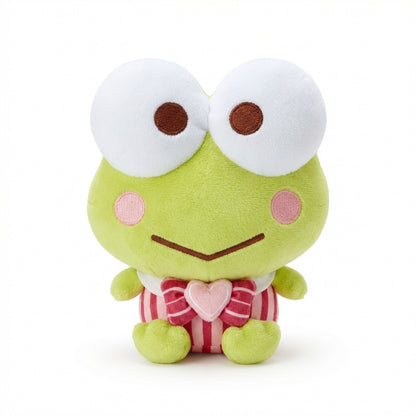 Front view of Valentine’s Keroppi 8-inch plush in pink striped outfit with heart detail, Hello Kitty and Friends Series 3