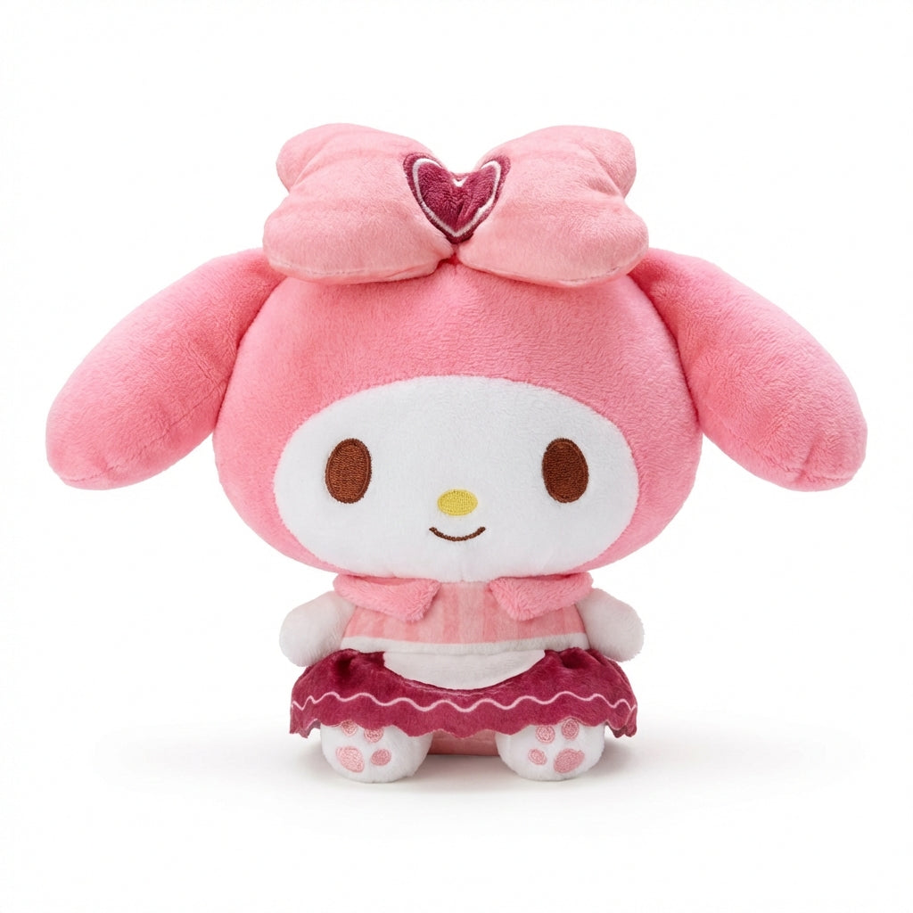 Front view of Valentine’s My Melody 8-inch plush with heart bow and ruffled skirt, Hello Kitty and Friends Series 3