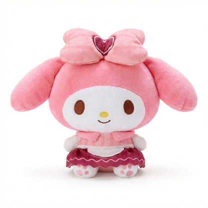 Front view of Valentine’s My Melody 8-inch plush with heart bow and ruffled skirt, Hello Kitty and Friends Series 3
