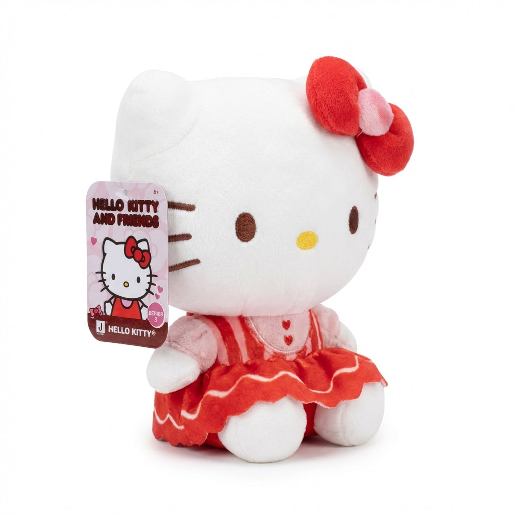 Side view of Valentine’s Hello Kitty 8-inch plush with swing tag, showing red bow and Valentine outfit, Hello Kitty and Friends Series 3