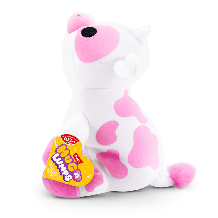 Clover the Cow baby-size weighted plush toy by ZURU featuring a white body with pink spots and a fuzzy pink tail.