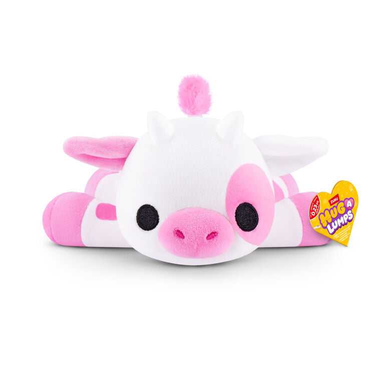 Clover the Cow baby-size weighted plush toy by ZURU featuring a white body with pink spots and a fuzzy pink tail.