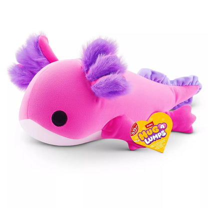 Small Hug-A-Lumps Series 2 Axolotl weighted plush toy by ZURU featuring a bright pink body and fluffy purple gills.
