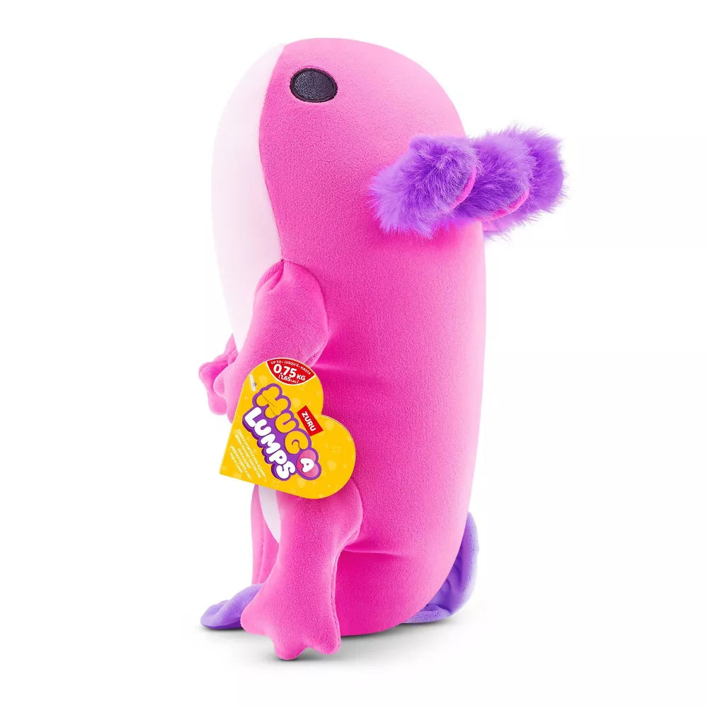 Small Hug-A-Lumps Series 2 Axolotl weighted plush toy by ZURU featuring a bright pink body and fluffy purple gills.
