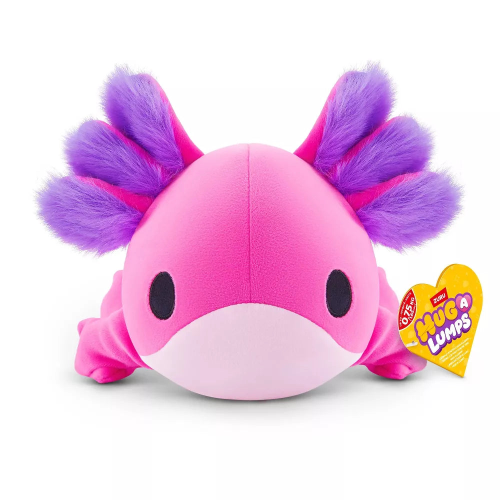 Small Hug-A-Lumps Series 2 Axolotl weighted plush toy by ZURU featuring a bright pink body and fluffy purple gills.
