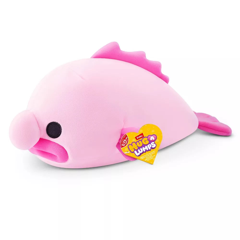 Small Hug-A-Lumps Series 2 Blob Fish weighted plush toy by ZURU featuring a bright pink face and super-soft fabric.