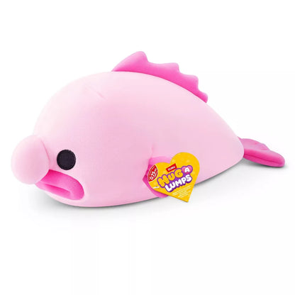 Small Hug-A-Lumps Series 2 Blob Fish weighted plush toy by ZURU featuring a bright pink face and super-soft fabric.