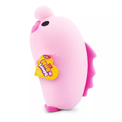 Small Hug-A-Lumps Series 2 Blob Fish weighted plush toy by ZURU featuring a bright pink face and super-soft fabric.