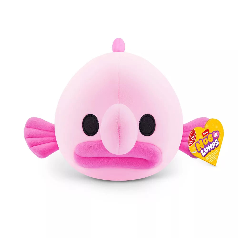 Small Hug-A-Lumps Series 2 Blob Fish weighted plush toy by ZURU featuring a bright pink face and super-soft fabric.