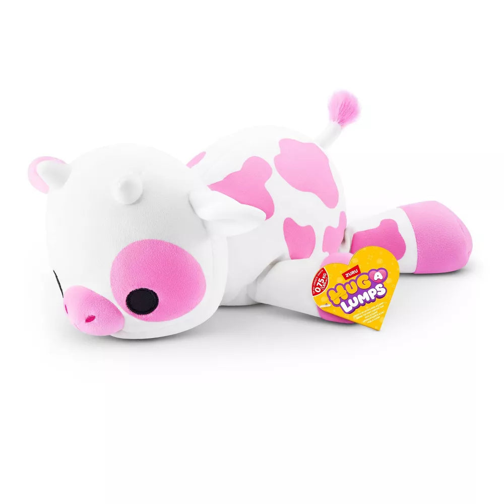 Small Hug-A-Lumps Series 2 Cow weighted plush toy by ZURU featuring a white body with pink spots and soft horns.
