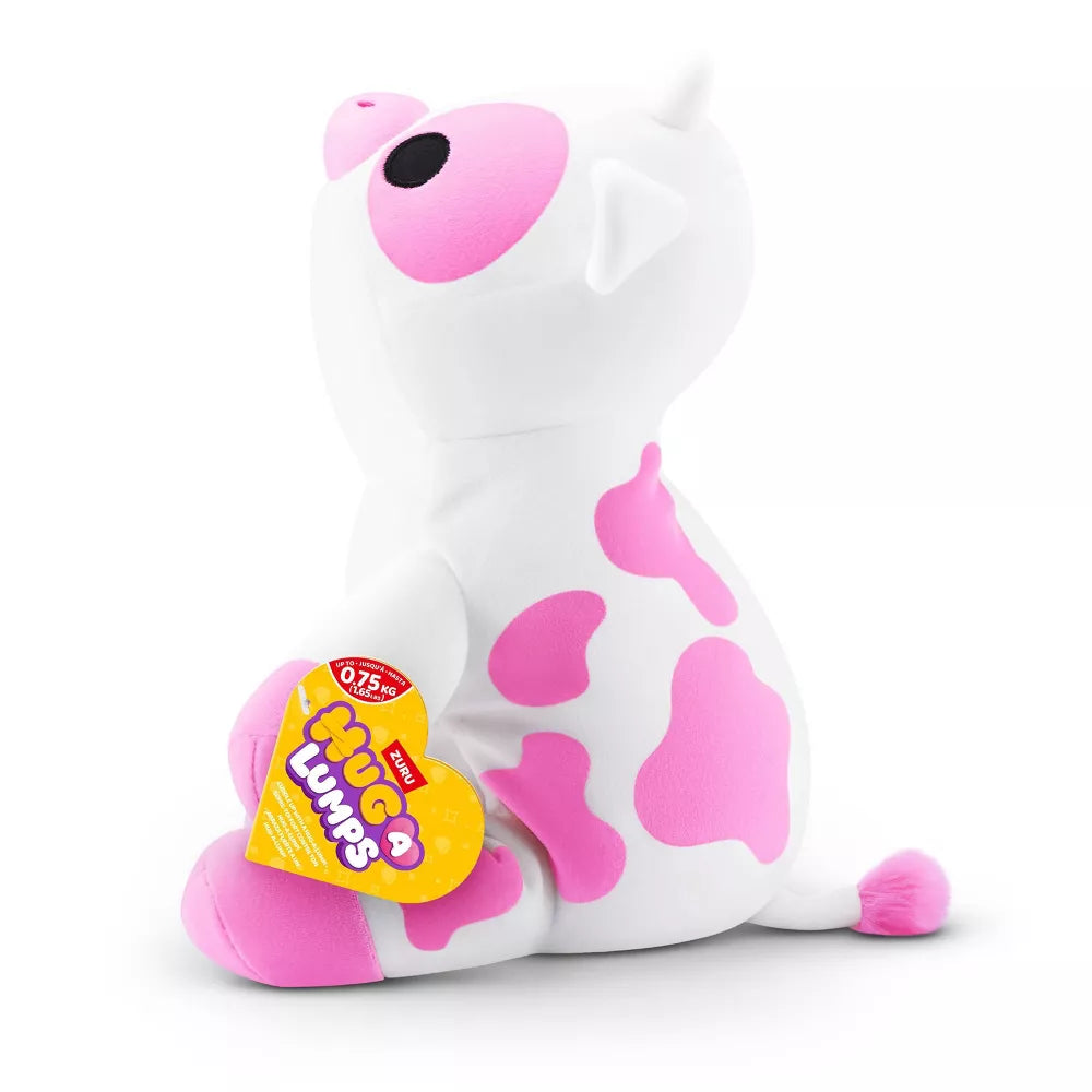 Small Hug-A-Lumps Series 2 Cow weighted plush toy by ZURU featuring a white body with pink spots and soft horns.