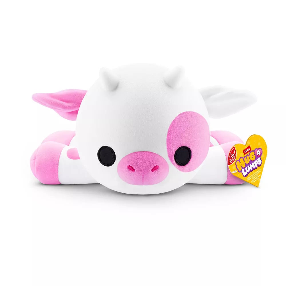 Small Hug-A-Lumps Series 2 Cow weighted plush toy by ZURU featuring a white body with pink spots and soft horns.