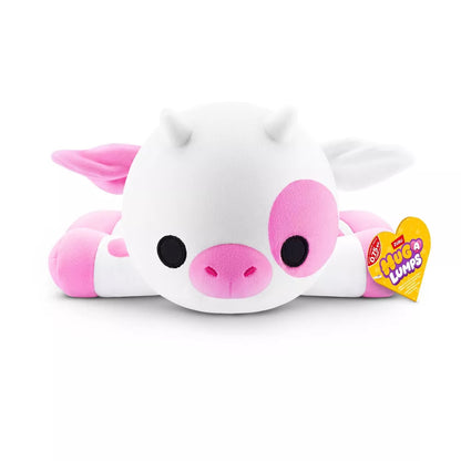 Small Hug-A-Lumps Series 2 Cow weighted plush toy by ZURU featuring a white body with pink spots and soft horns.