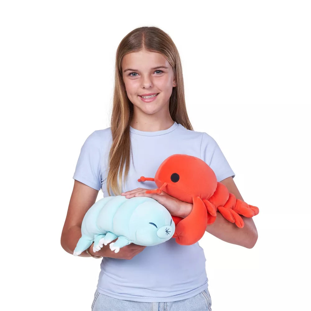 Girl holding two plush toys, Small Hug-A-Lumps Series 2 Lobster weighted plush toy by ZURU featuring a bright red body and super-soft fabric.