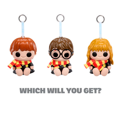 Three small character keychain figures with metal key rings are shown on a white background, with the text 'WHICH WILL YOU GET?' below them. The figures resemble Harry Potter characters and each wears a red and yellow striped scarf.