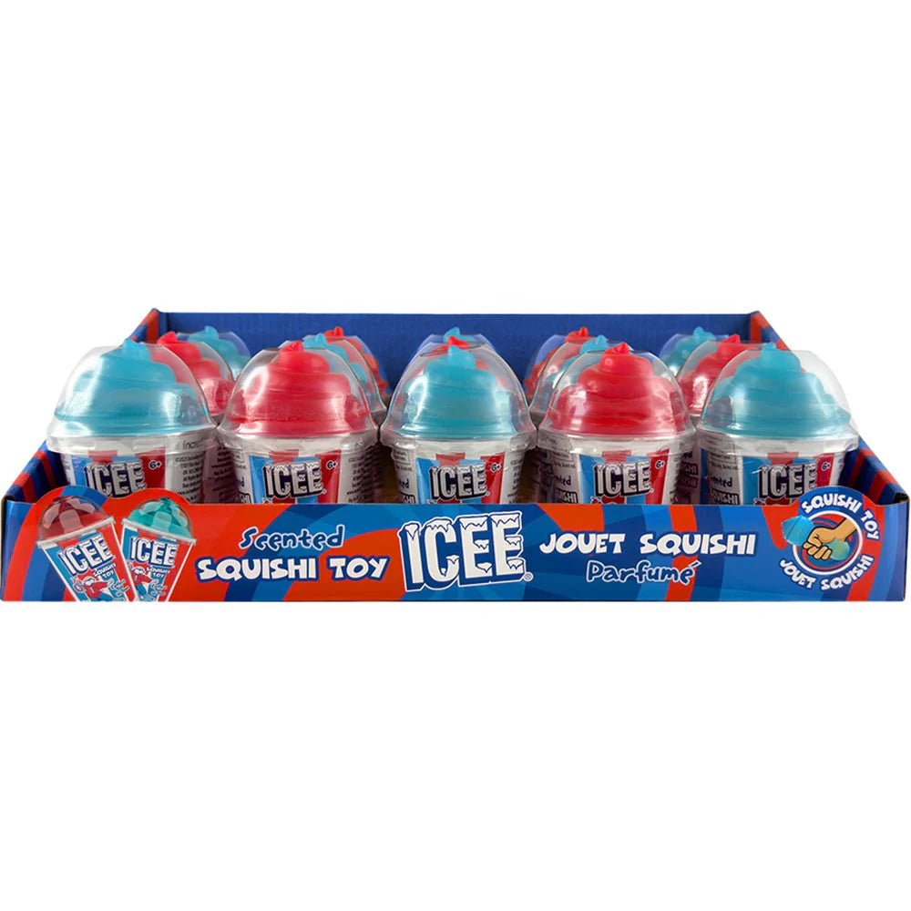 A soft, slow-rising ICEE scented squishy toy packaged in a clear stylized ICEE cup, available in either red cherry or blue raspberry.