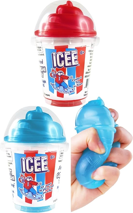 A soft, slow-rising ICEE scented squishy toy packaged in a clear stylized ICEE cup, available in either red cherry or blue raspberry.