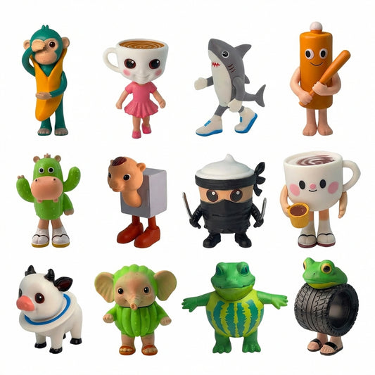 Italian Brainrot blind box figure collection featuring viral meme characters like a frog in a tire and a banana monkey.