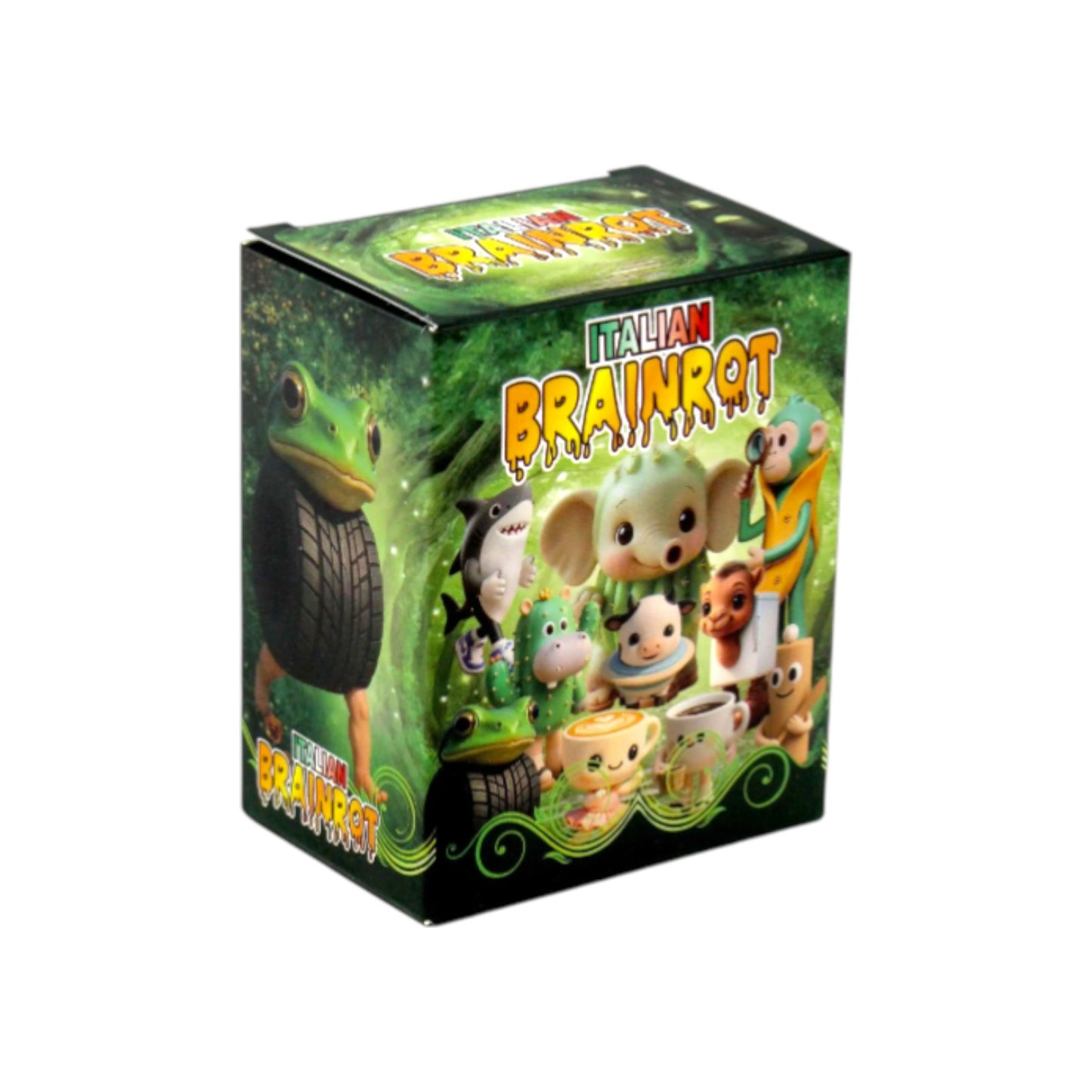 Italian Brainrot blind box figure collection featuring viral meme characters like a frog in a tire and a banana monkey.