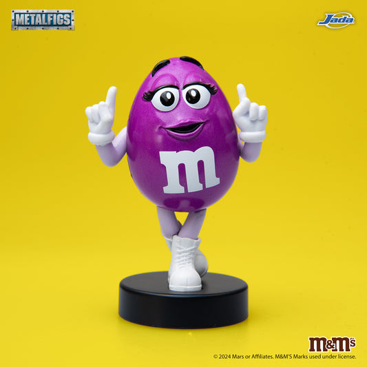 Jada Toys M&M's Purple Character 2.5-inch Metalfigs die-cast figure mounted on a black display pedestal.