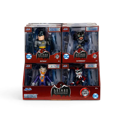 Batman The Animated Series Metalfigs die-cast metal action figure set of four, featuring Batman, Catwoman, Joker, and Harley Quinn in retail packaging on a white background.