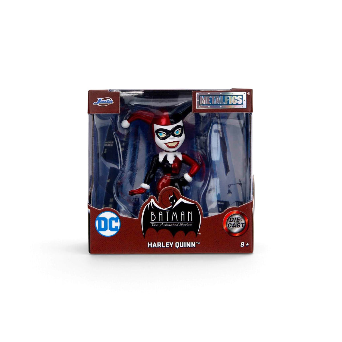 Batman The Animated Series Harley Quinn die-cast mini figure in its original window box packaging, featuring the character in a red and black jester outfit with a white and red striped head.