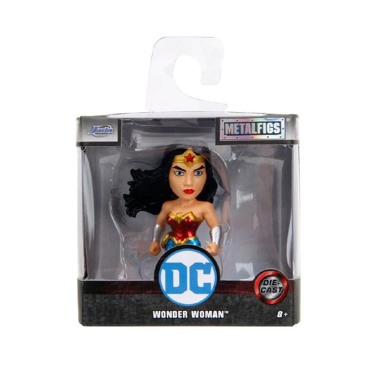 DC Metalfigs Wonder Woman die-cast action figure in its original retail packaging, featuring a clear plastic window box with a hanging tab.