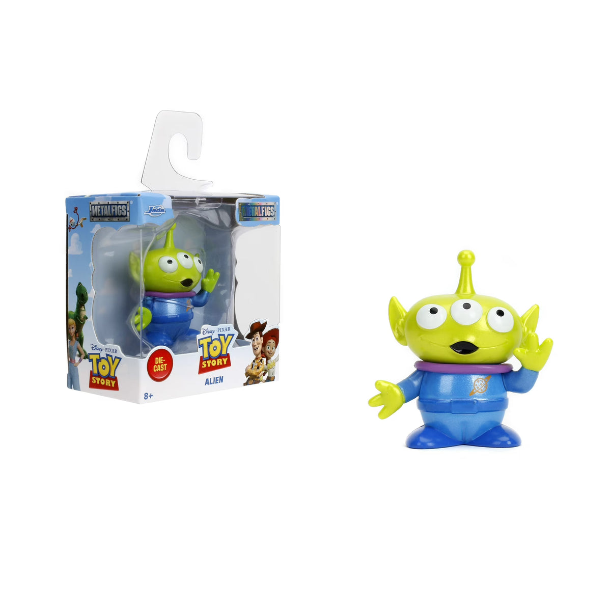 Jada Toys Metalfigs Disney Pixar Toy Story Wave 1 Alien 2.5-inch die-cast metal figure in a blue space suit with three eyes.