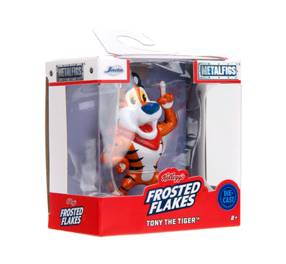 Metalfigs Frosted Flakes Tony the Tiger die-cast metal figure in its original retail packaging, featuring a white, orange, and black tiger with a red scarf.