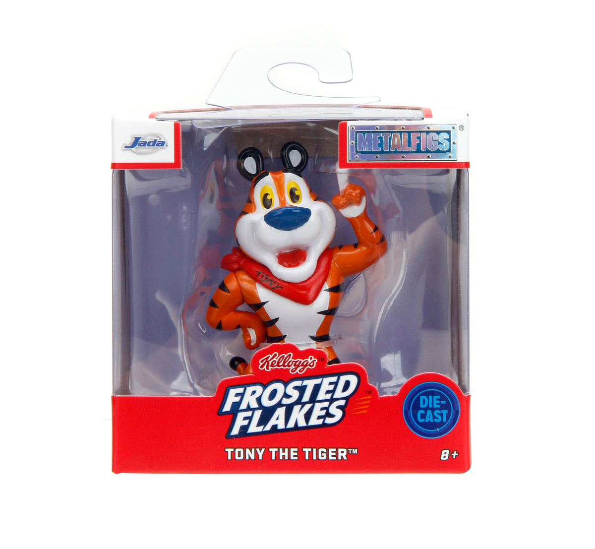 A packaged metal toy figure of Tony the Tiger from Frosted Flakes, shown in its original retail window box with a hanger tab. The figure is orange and white with black stripes, a red scarf, and a blue nose, with visible Kellogg's and Metallicas branding.
