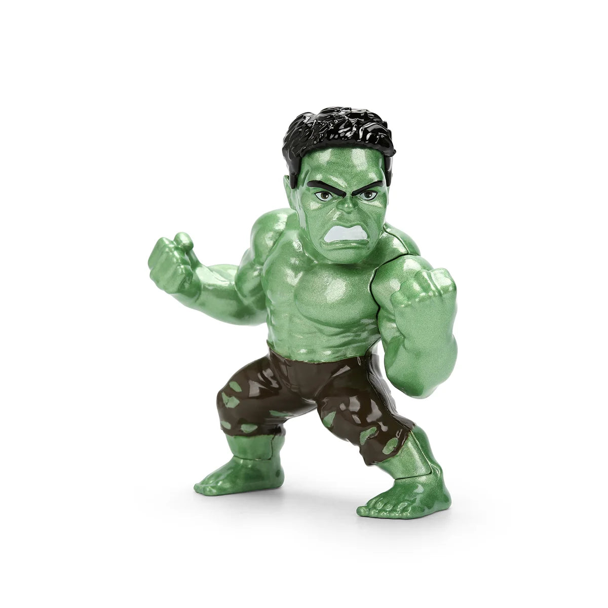 Jada Toys Metalfigs Marvel Hulk die-cast figure featuring detailed muscle sculpting and a vibrant green metallic finish.