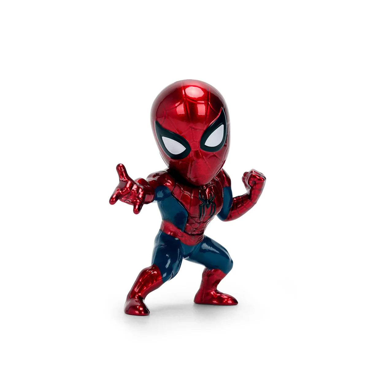 Jada Toys Metalfigs Marvel Spider-Man die-cast figure in a dynamic standing action pose with a glossy red and blue metallic finish.