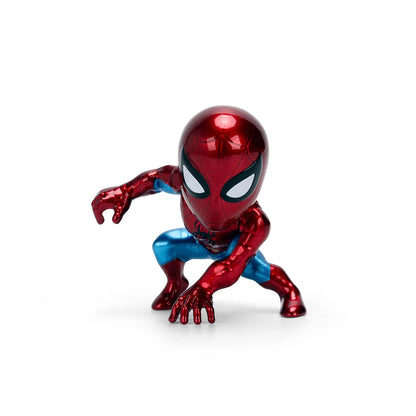 Jada Toys Metalfigs Marvel Spider-Man die-cast figure in a crouching pose with a glossy red and blue metallic finish.