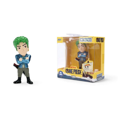 Metalfig collectible figure of Roronoa Zoro from One Piece, shown both as a loose figure and in its original window box packaging on a white background.