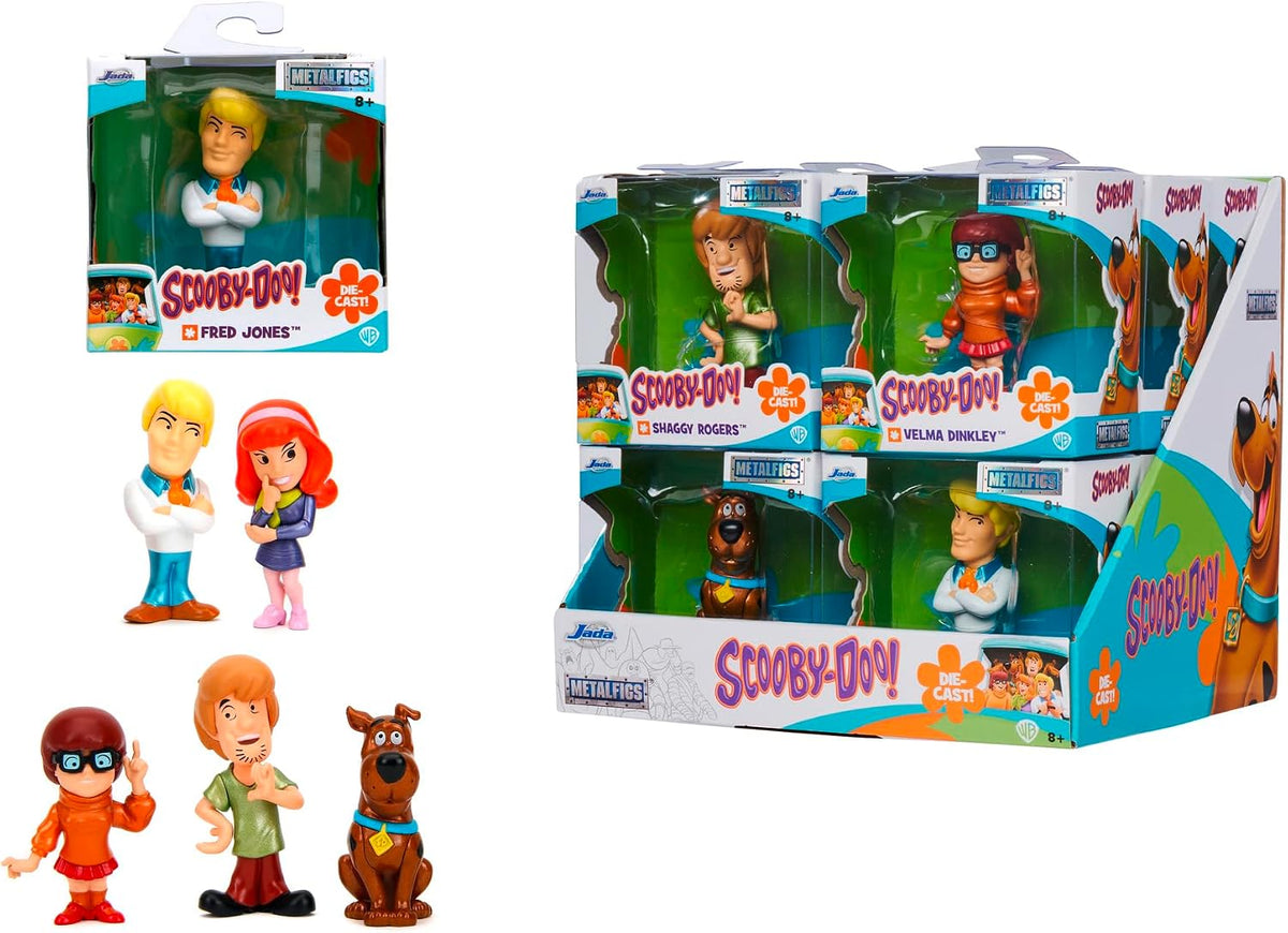 Scooby-Doo Metalfig collectible toy figures and packaging shown on a white background, including a single packaged figure, a multi-pack display box, and loose character figures.