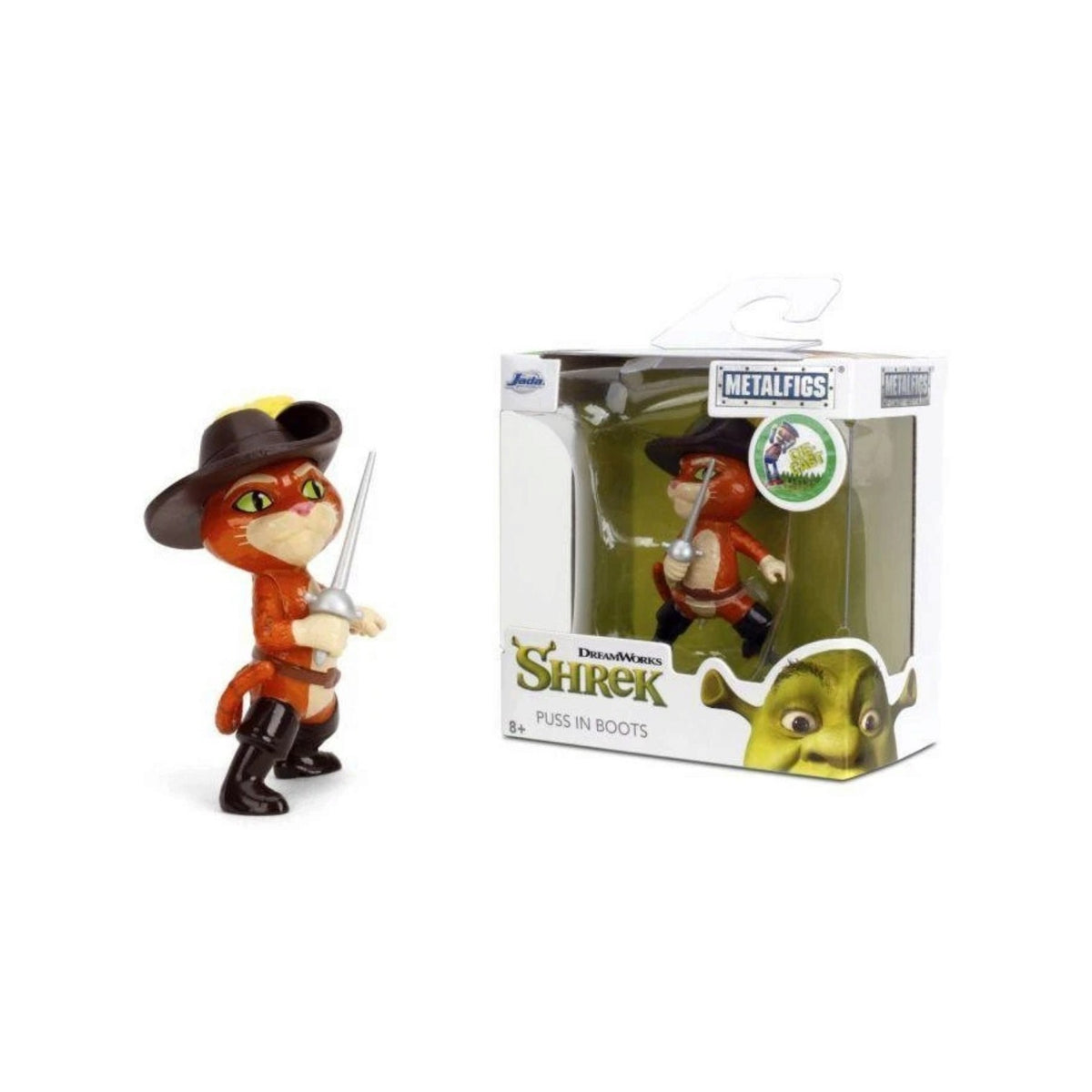 Jada Toys Metalfigs Shrek Puss in Boots 2.5-inch die-cast metal figure wearing his signature hat and boots while holding a sword.