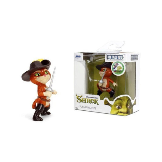 Jada Toys Metalfigs Shrek Puss in Boots 2.5-inch die-cast metal figure wearing his signature hat and boots while holding a sword.