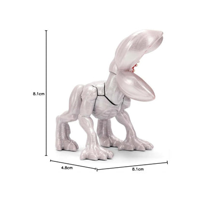 A small pale pinkish-white articulated toy figure resembling a stylized animal or creature, shown on a white background with measurement lines and labels indicating height, width, and depth.