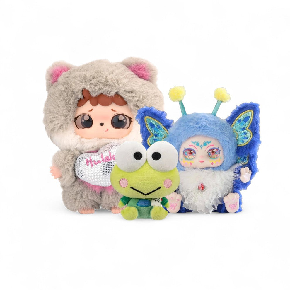 Three colorful plush toys on a white background