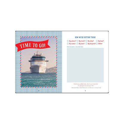 Kids' Travel Journal featuring a globe-themed hardcover and a red elastic band.