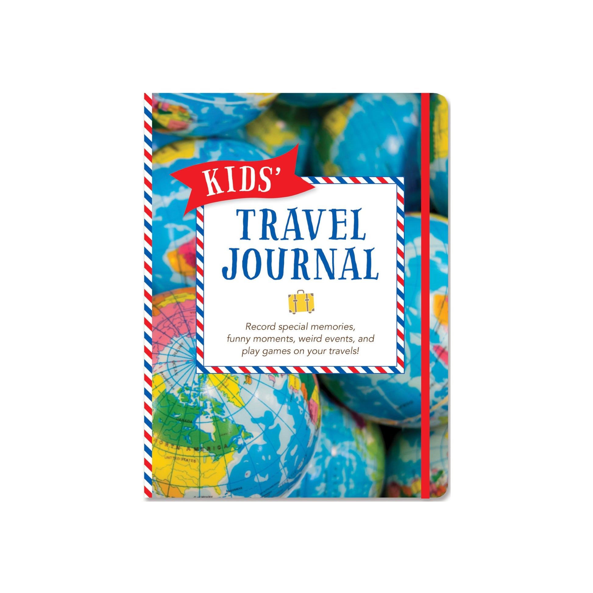 Kids' Travel Journal featuring a globe-themed hardcover and a red elastic band.
